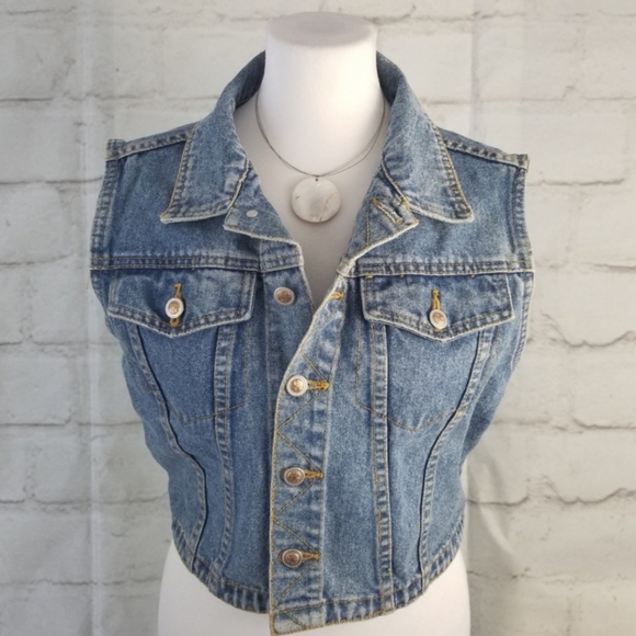 Vintage L Cropped Denim Jean Jacket Vest Adjustable Waist - Picture 10 of 10